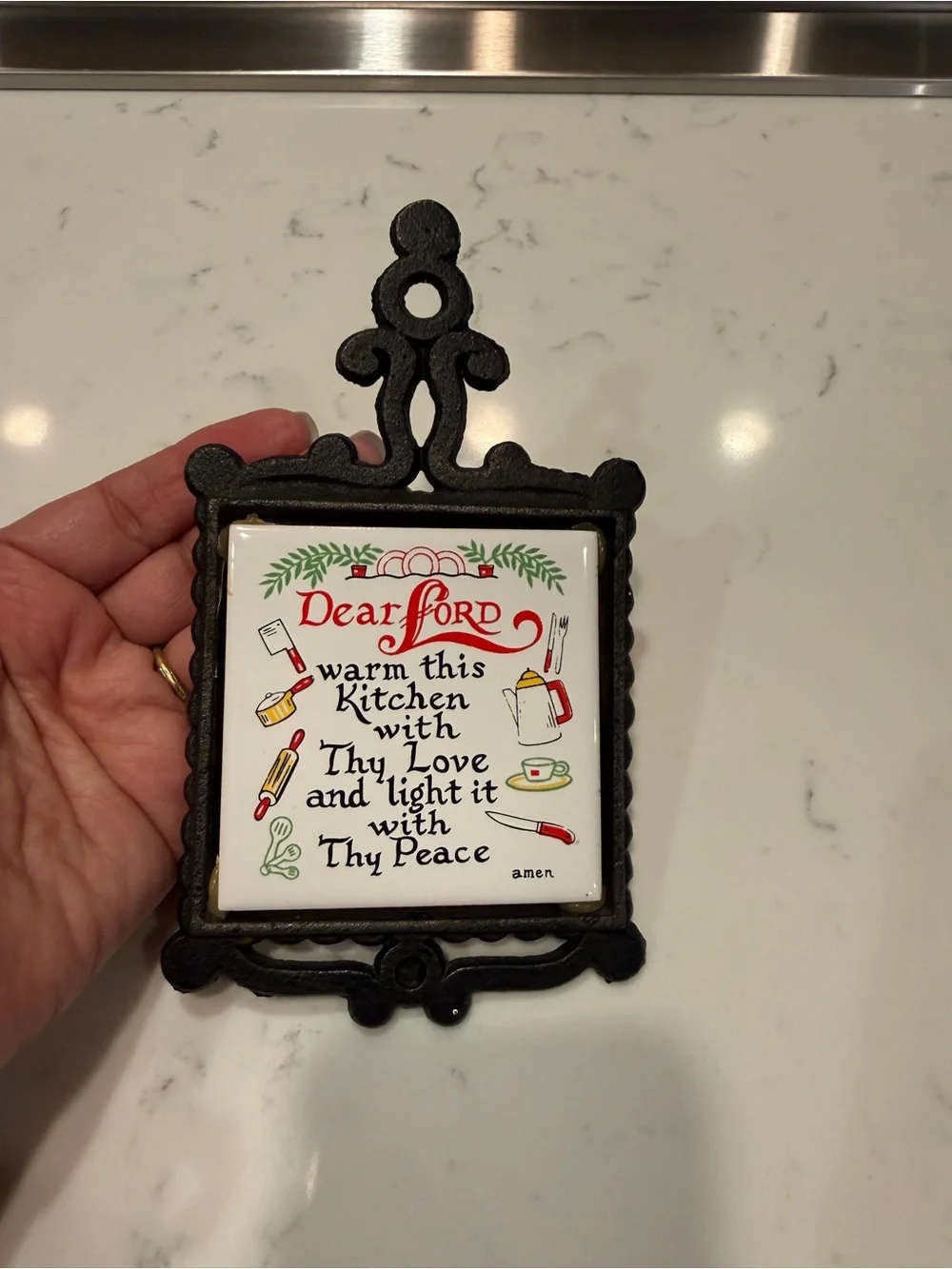 Vintage Made in Japan Kitchen Prayer Ceramic Tile Cast Iron Trivet Wall Decor